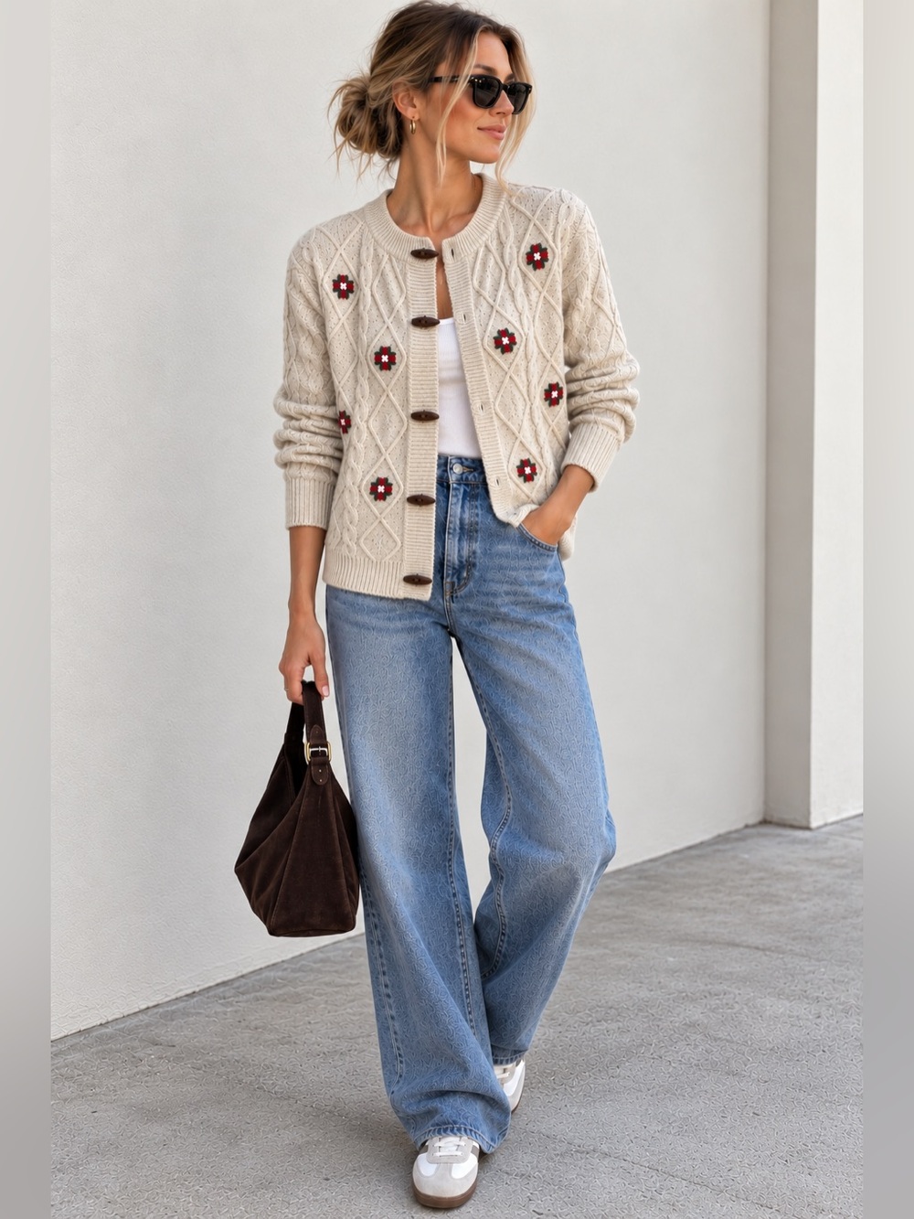 Cream Oatmeal Floral Embroidered Cable Knit Toggle Cardigan Cottagecore